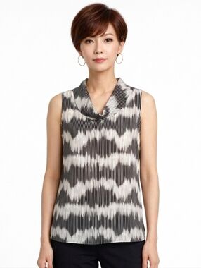 Caviar Black & White Patterned Cowl Neck Chiffon Sleeveless Blouse Size S